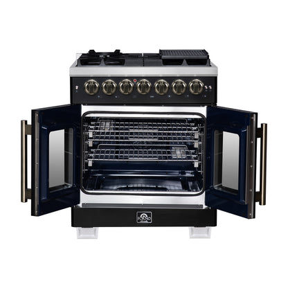 Forno Capriasca 30-Inch Freestanding French Door Dual Fuel Range in Black with Antique Brass Accessories, 5 Burners, True Convection Oven