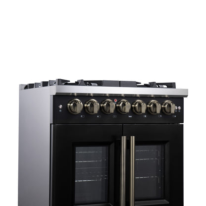 Forno Capriasca 30-Inch Freestanding French Door Dual Fuel Range in Black with Antique Brass Accessories, 5 Burners, True Convection Oven