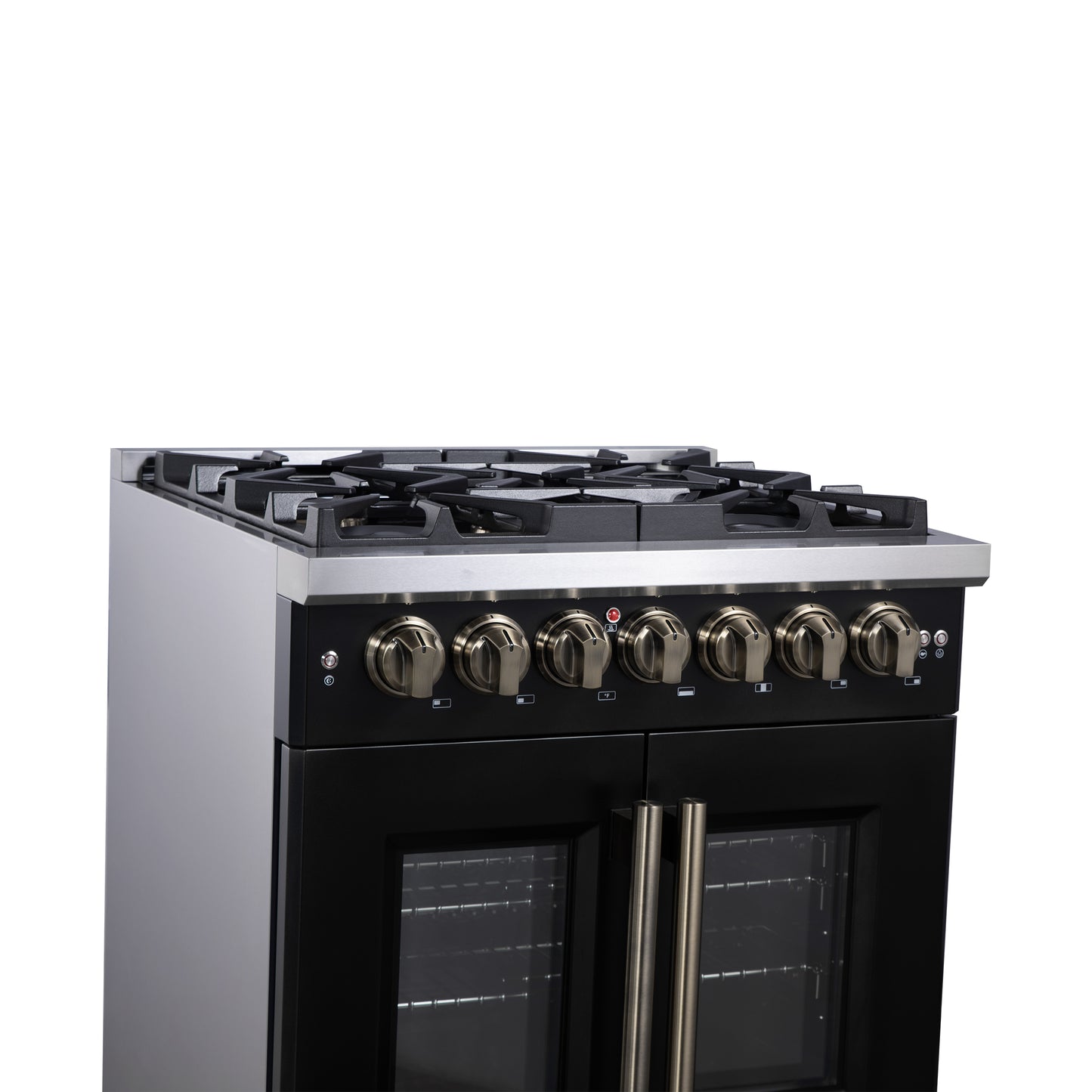 Forno Capriasca 30-Inch Freestanding French Door Dual Fuel Range in Black with Antique Brass Accessories, 5 Burners, True Convection Oven