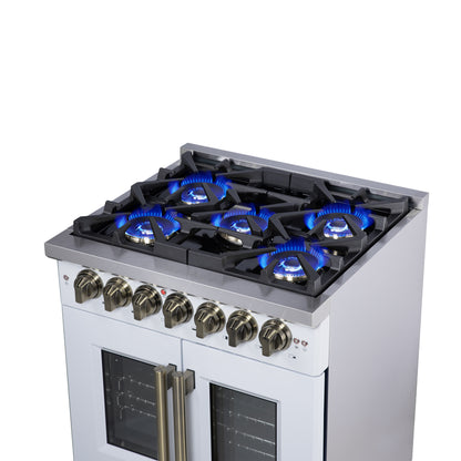 Forno Capriasca 30-Inch Freestanding French Door Dual Fuel Range in White with Antique Brass Accessories, 5 Burners, True Convection Oven