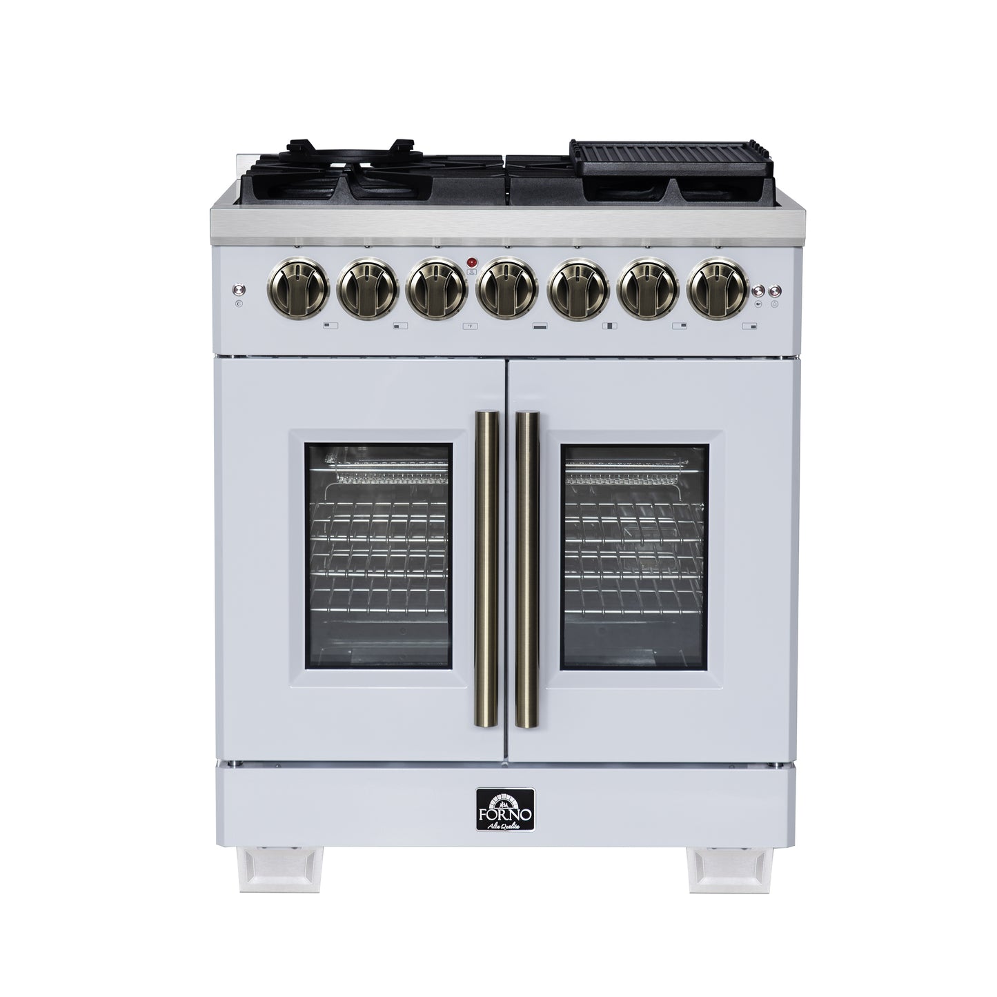 Forno Capriasca 30-Inch Freestanding French Door Dual Fuel Range in White with Antique Brass Accessories, 5 Burners, True Convection Oven