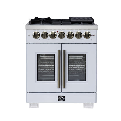 Forno Capriasca 30-Inch Freestanding French Door Dual Fuel Range in White with Antique Brass Accessories, 5 Burners, True Convection Oven