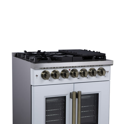 Forno Capriasca 30-Inch Freestanding French Door Dual Fuel Range in White with Antique Brass Accessories, 5 Burners, True Convection Oven
