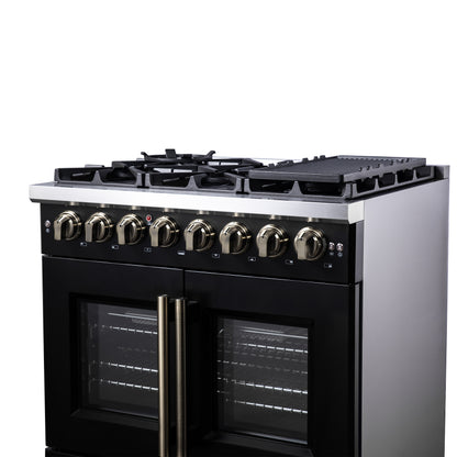 Forno Capriasca 36 Inch Freestanding French Door Dual Fuel Range in Black with Antique Brass Accessories, 6 Burners, True Convection Oven