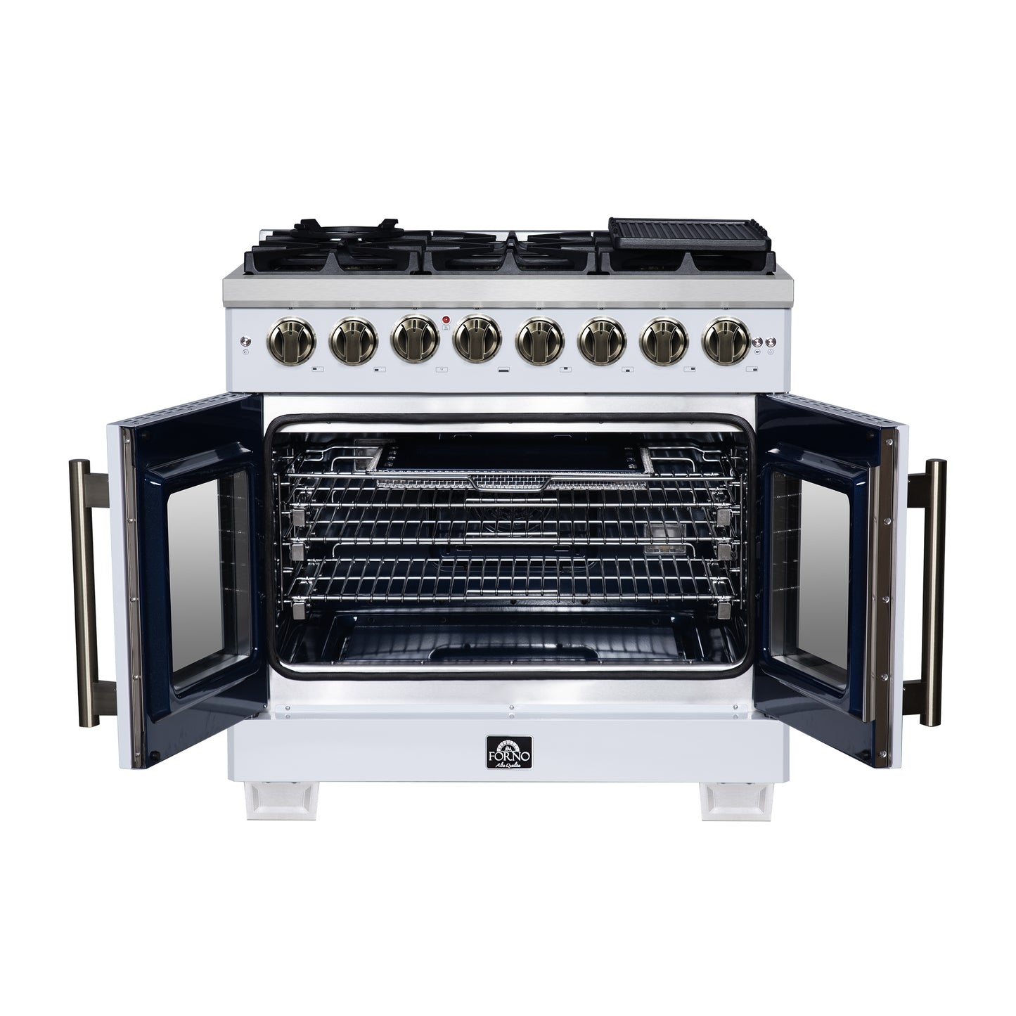 Forno Capriasca 36 Inch Freestanding French Door Dual Fuel Range in White with Antique Brass Accessories, 6 Burners, True Convection Oven
