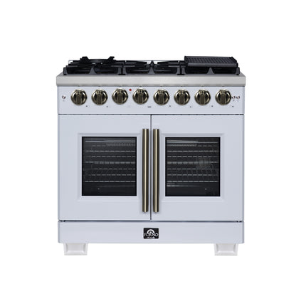 Forno Capriasca 36 Inch Freestanding French Door Dual Fuel Range in White with Antique Brass Accessories, 6 Burners, True Convection Oven