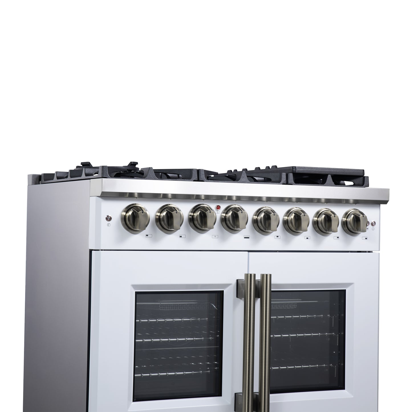 Forno Capriasca 36 Inch Freestanding French Door Dual Fuel Range in White with Antique Brass Accessories, 6 Burners, True Convection Oven