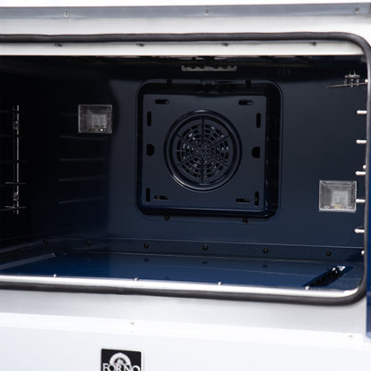 Forno Capriasca 36 Inch Freestanding French Door Dual Fuel Range in White with Antique Brass Accessories, 6 Burners, True Convection Oven