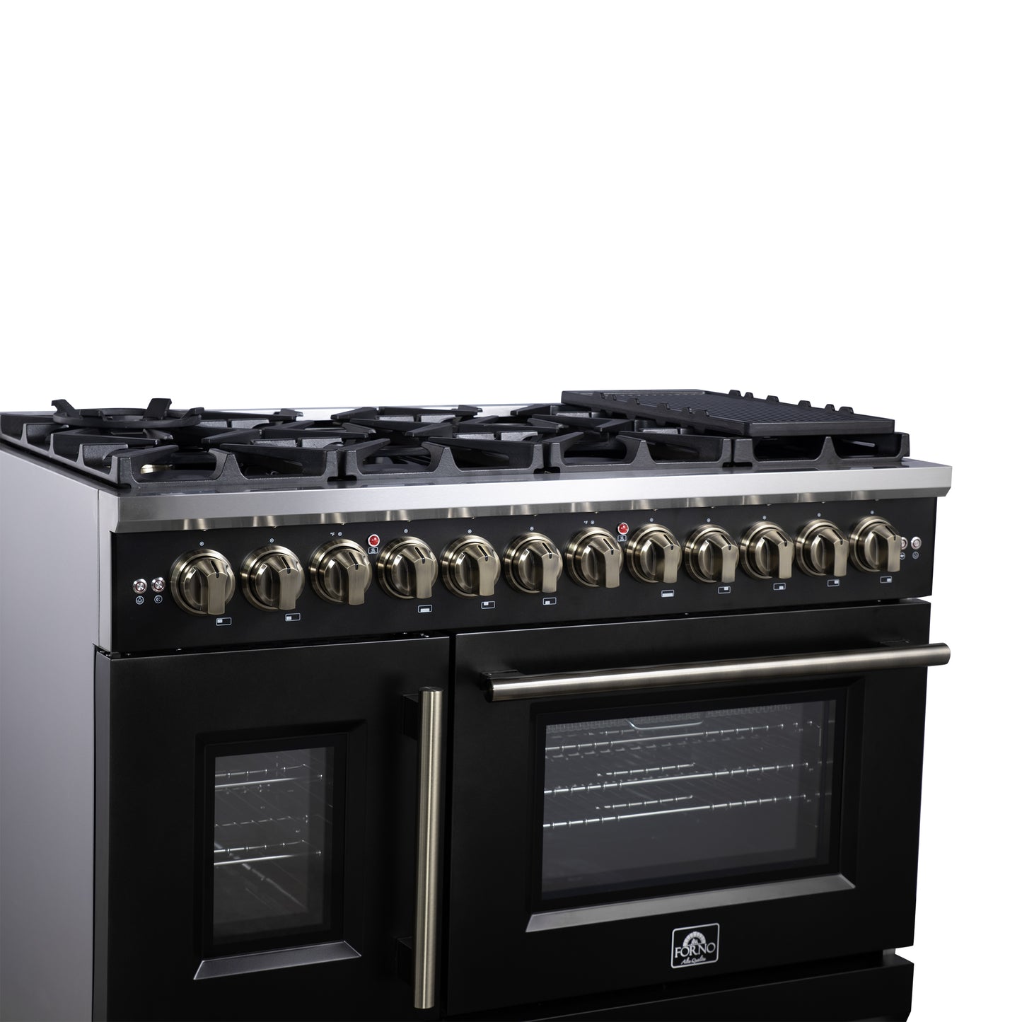 Forno Capriasca 48 Inch Freestanding French Door Dual Fuel Range in Black with Antique Brass Accessories, 8 Burners, True Convection Oven