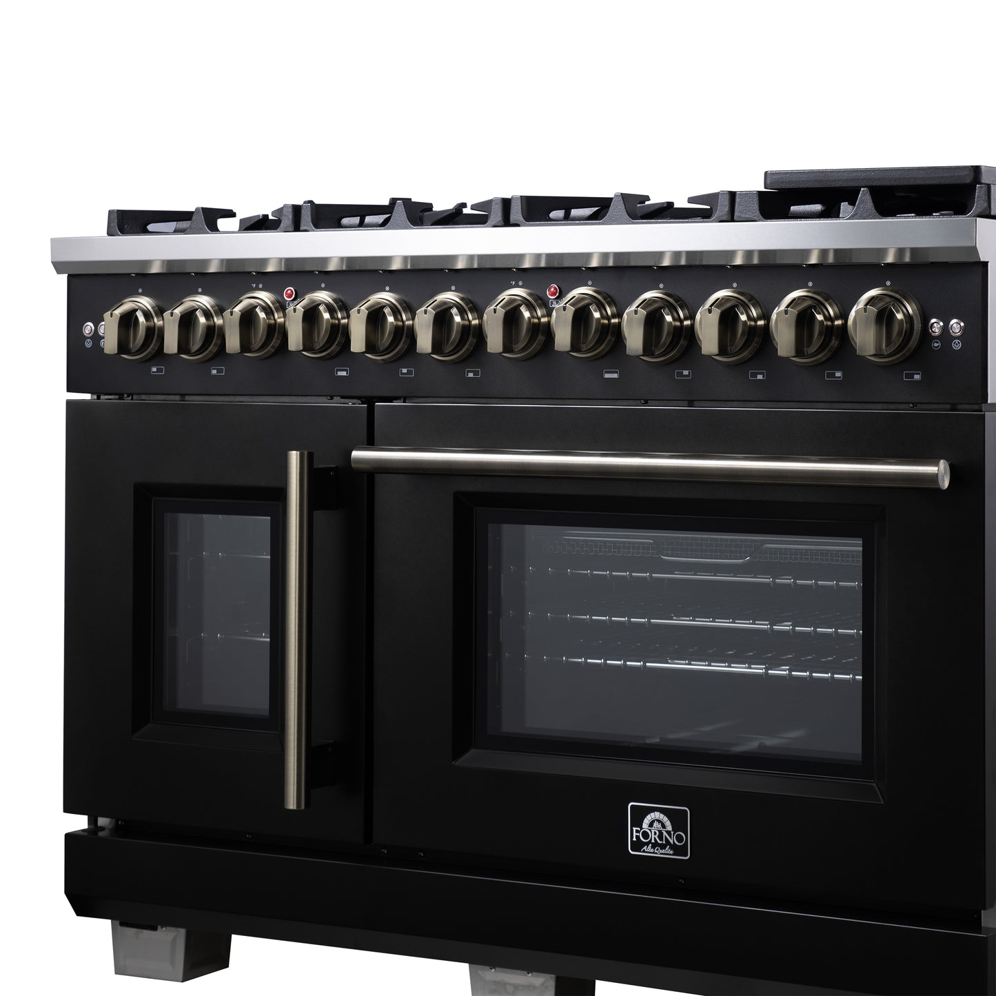 Forno Capriasca 48 Inch Freestanding French Door Dual Fuel Range in Black with Antique Brass Accessories, 8 Burners, True Convection Oven