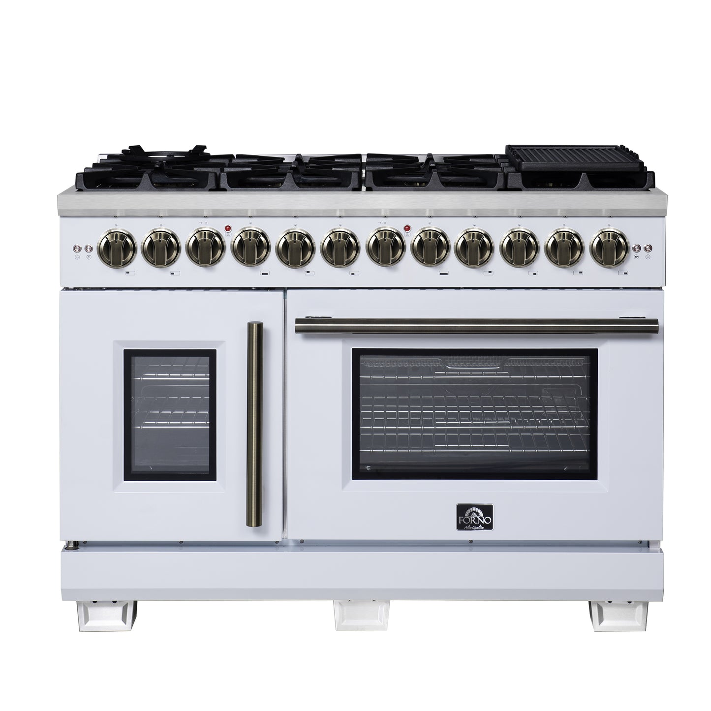 Forno Capriasca 48 Inch Freestanding French Door Dual Fuel Range in White with Antique Brass Accessories, 8 Burners, True Convection Oven