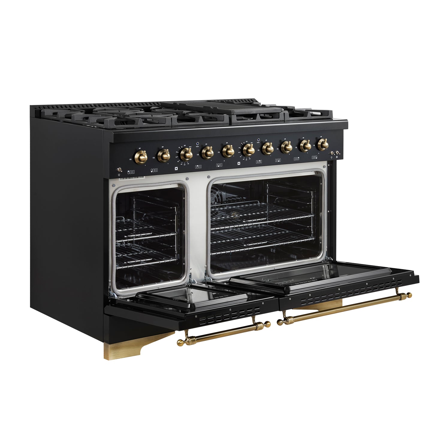 Forno Antico 48-Inch Dual Fuel Range, Black with Antique Brass Finish, 8 Burners, 94,000 BTU, 5.5 cu.ft. Double Ovens & Griddle