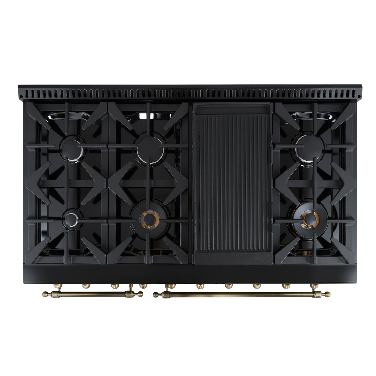 Forno Antico 48-Inch Dual Fuel Range, Black with Antique Brass Finish, 8 Burners, 94,000 BTU, 5.5 cu.ft. Double Ovens & Griddle