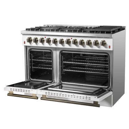Galiano 48-inch Dual Fuel Range White & Antique Brass Design with 8 Sealed Burners 107,000 BTU, 6.58 cu. ft. double ovens & Griddle