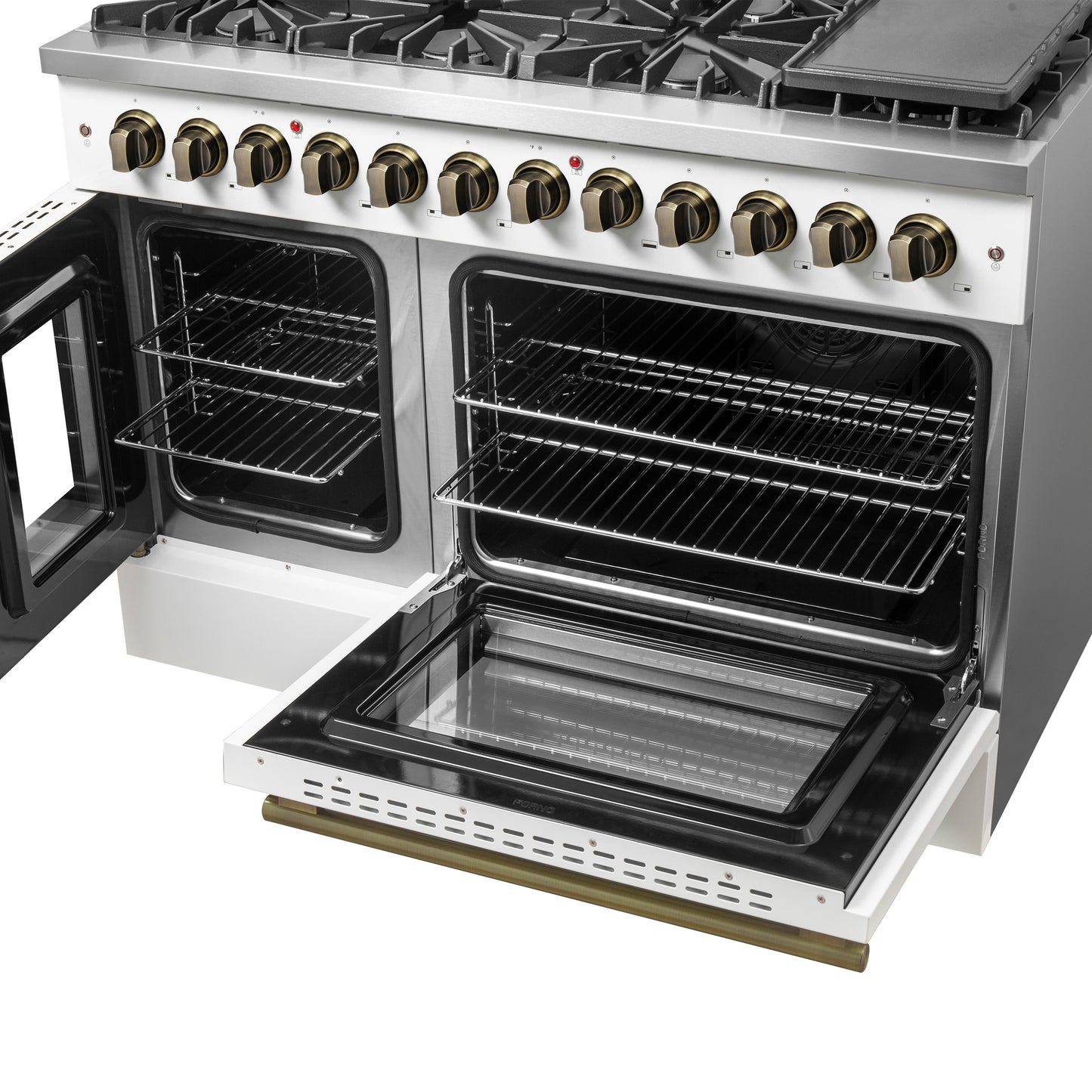 Forno Galiano 48-inch French Door Dual Fuel Range, White & Antique Brass Design, 8 Sealed Burners - 107,000 BTU, Griddle, 6.58 cu.ft. Double Ovens