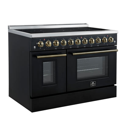 Forno Paolo 48 Inch Freestanding Electric Range in Black with Antique Brass, 6.7 cu.ft, True Convection Oven, Energy Efficient