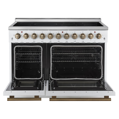 Forno Paolo 48 Inch Freestanding Electric Range in White with Antique Brass, 6.7 cu.ft, True Convection Oven, Energy Efficient
