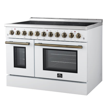 Forno Paolo 48 Inch Freestanding Electric Range in White with Antique Brass, 6.7 cu.ft, True Convection Oven, Energy Efficient