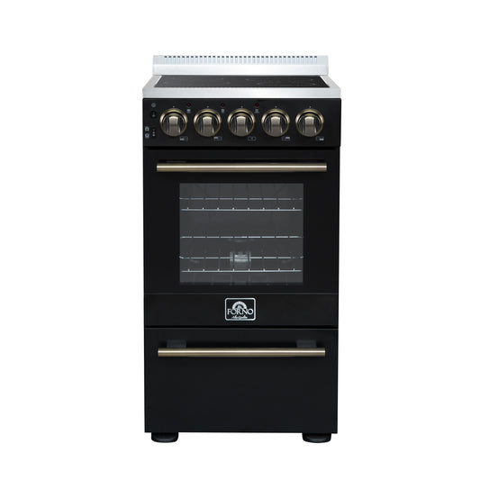 Forno Pallerano 20 Inch Freestanding Electric Range in Black with Antique Brass, Compact Design