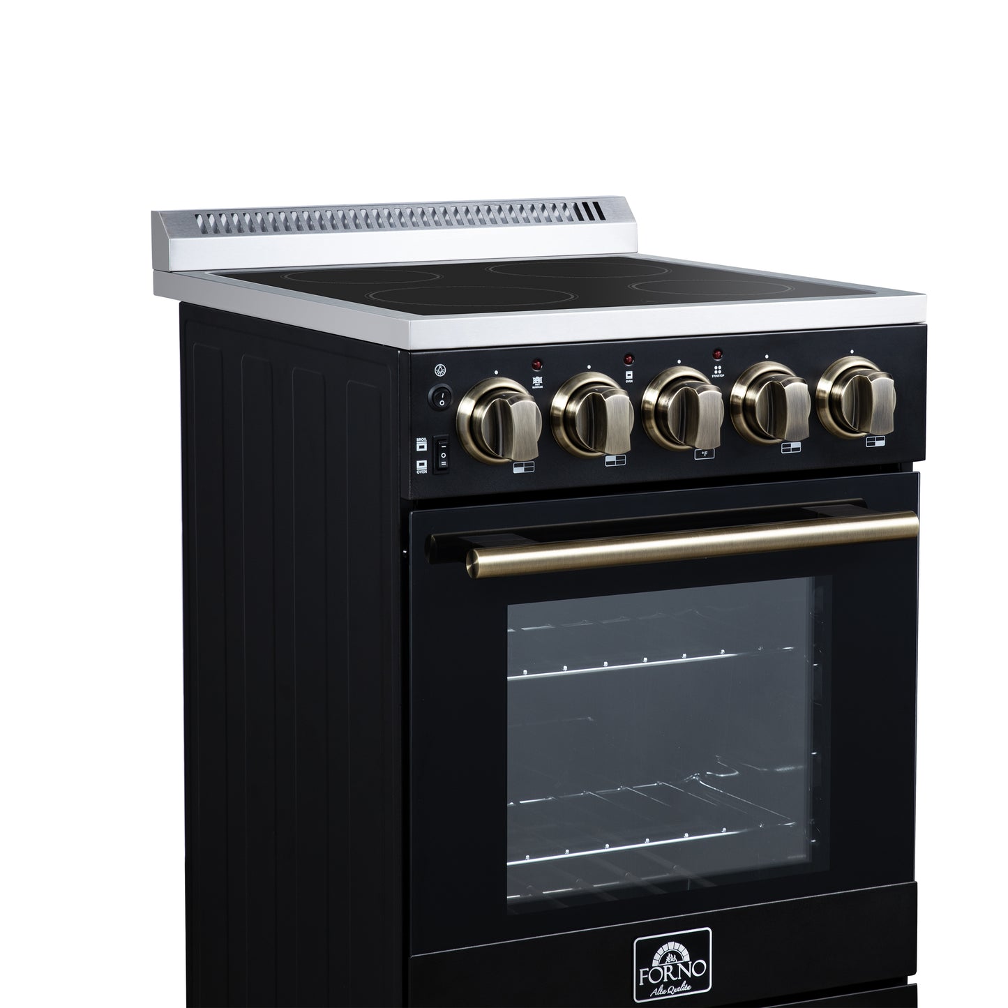 Forno Pallerano 20 Inch Freestanding Electric Range in Black with Antique Brass, Compact Design