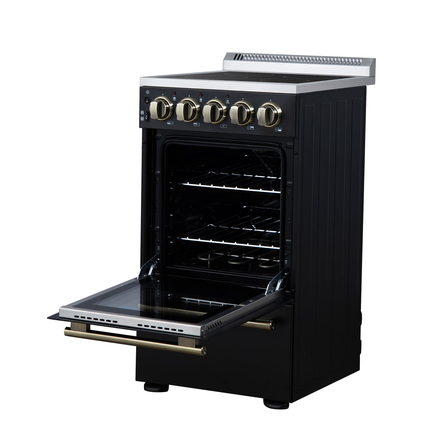 Forno Pallerano 20 Inch Freestanding Electric Range in Black with Antique Brass, Compact Design