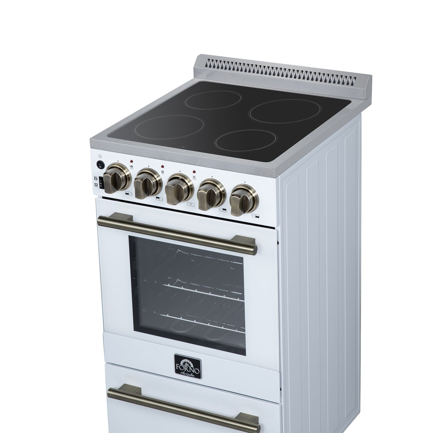 Forno Pallerano 20 Inch Freestanding Electric Range in White with Antique Brass, Compact Design