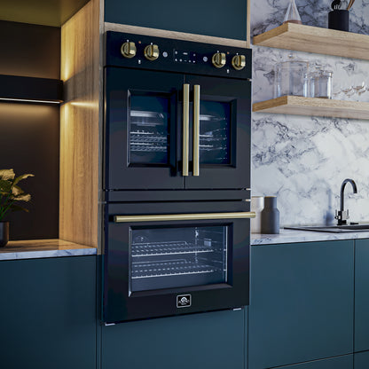 Forno Asti 30-Inch Double Electric Wall Oven with Upper French Doors in Black & Antique Brass, 7.36 cu. ft. Dual True Convection, 7,200W, Air Fry, Sous Vide, Self-Clean