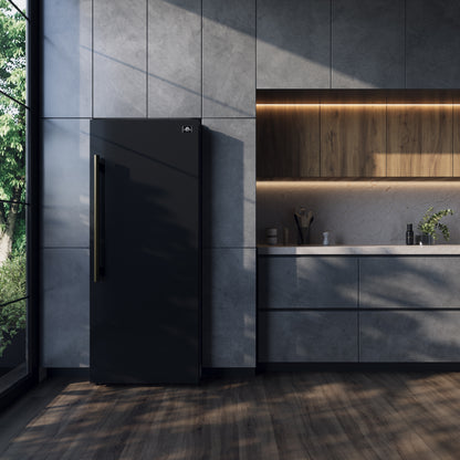 Forno Maderno 28-Inch Convertible Freezer/Refrigerator in Black with Antique Brass Handle, 13.6 cu.ft. Right Swing