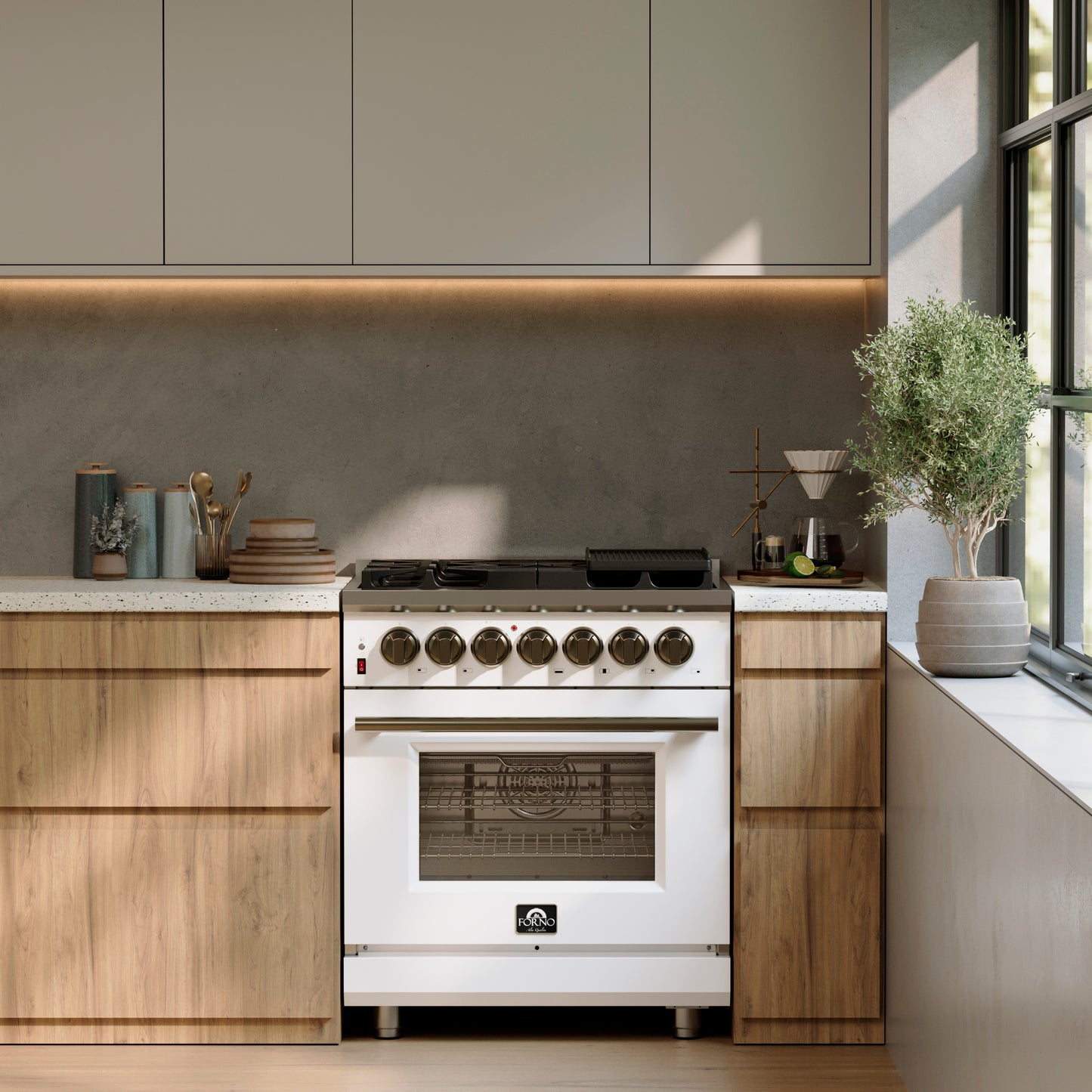 Forno Massimo 30-Inch Freestanding Dual Fuel Range in White with Antique Brass Accessories, 4 Burners, 4.32 cu. ft. Convection Oven