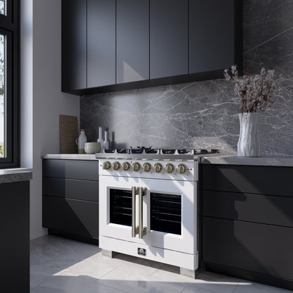 Forno Capriasca 36 Inch Freestanding French Door Dual Fuel Range in White with Antique Brass Accessories, 6 Burners, True Convection Oven