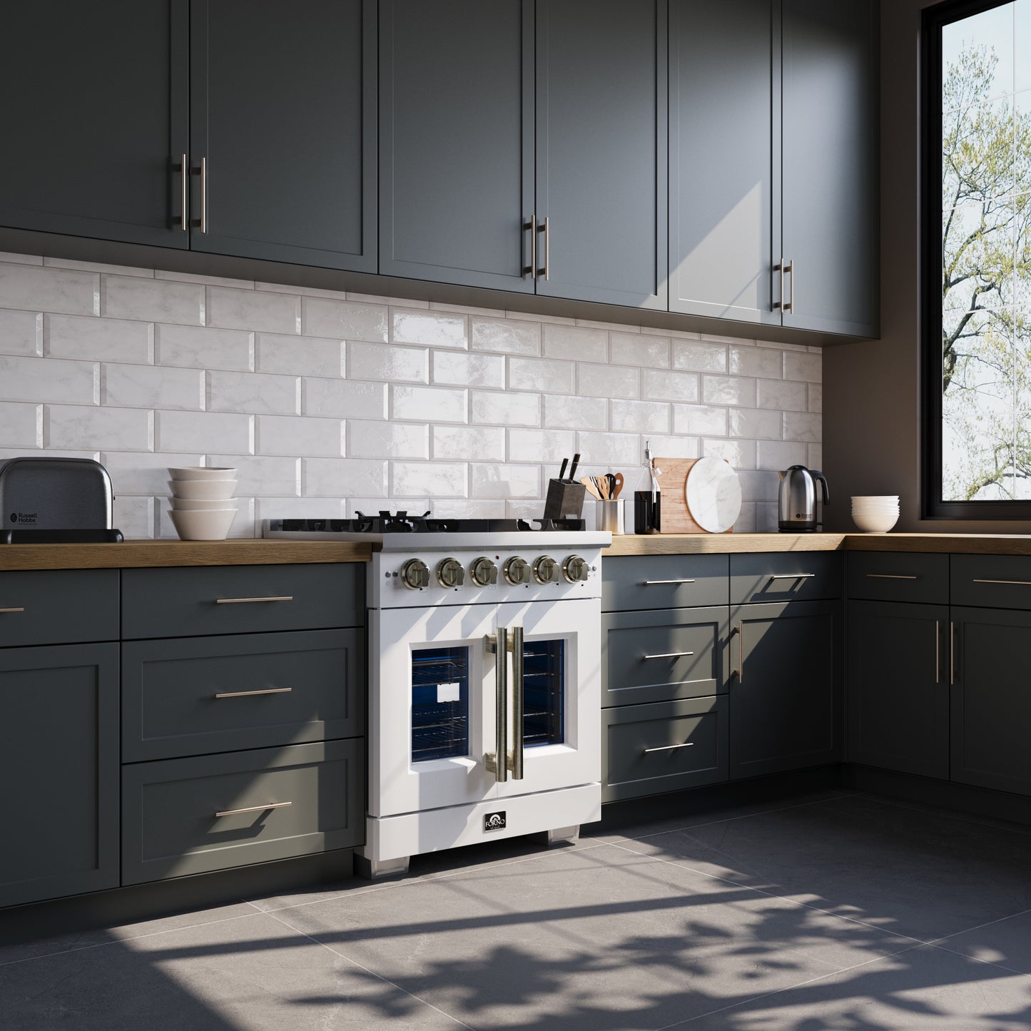 Forno Capriasca 30-Inch White Freestanding French Door Gas Range, 4 Burners, Convection Oven, Energy Efficient