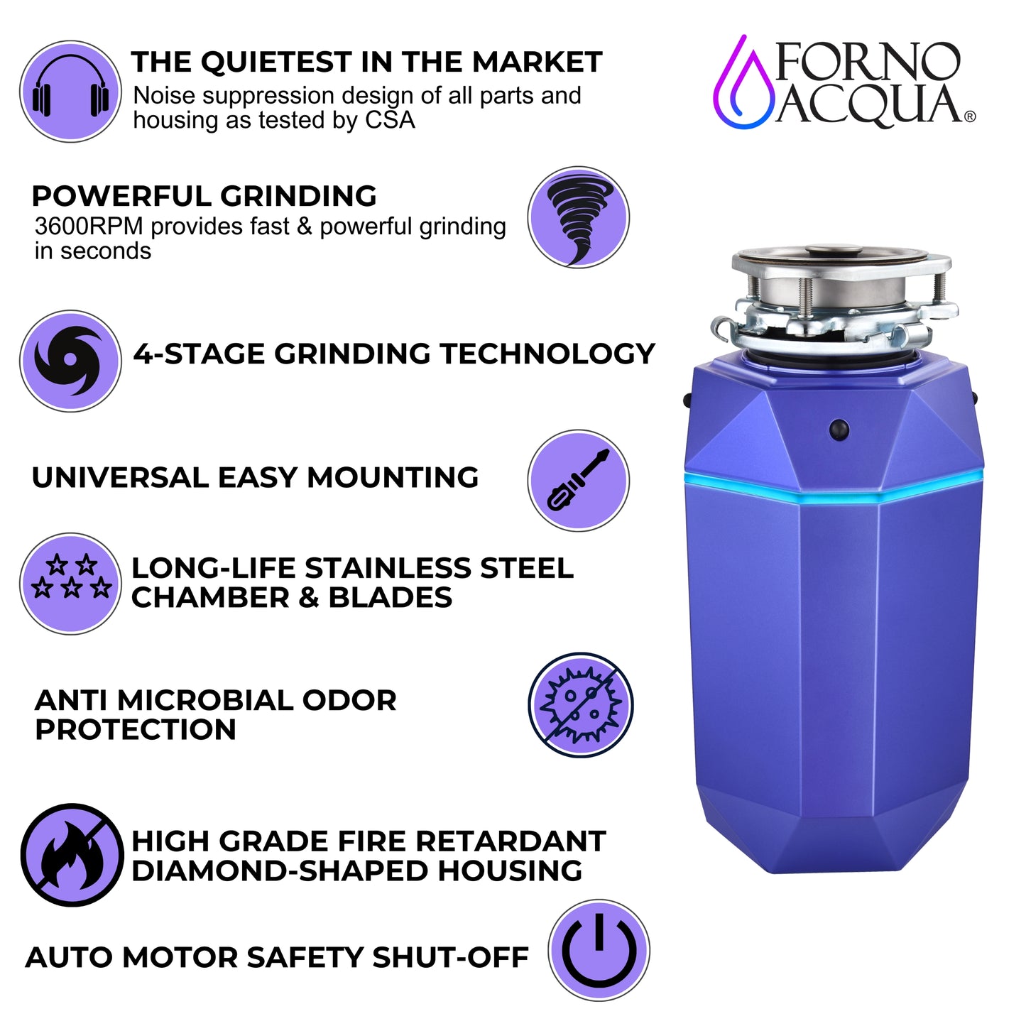 FORNO ACQUA BrightDIAMOND Amethyst 1HP Super Quiet Garbage Disposal Corded with Motion Sensor Cabinet Light & Pre-Wired Air Switch