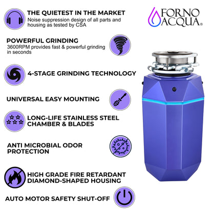 FORNO ACQUA BrightDIAMOND Amethyst 3/4HP Super Quiet Garbage Disposal Corded with Motion Sensor Cabinet Light & Pre-Wired Air Switch