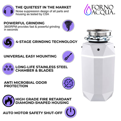 FORNO ACQUA BrightDIAMOND Moonstone 1HP Super Quiet Garbage Disposal Corded with Motion Sensor Cabinet Light & Pre-Wired Air Switch