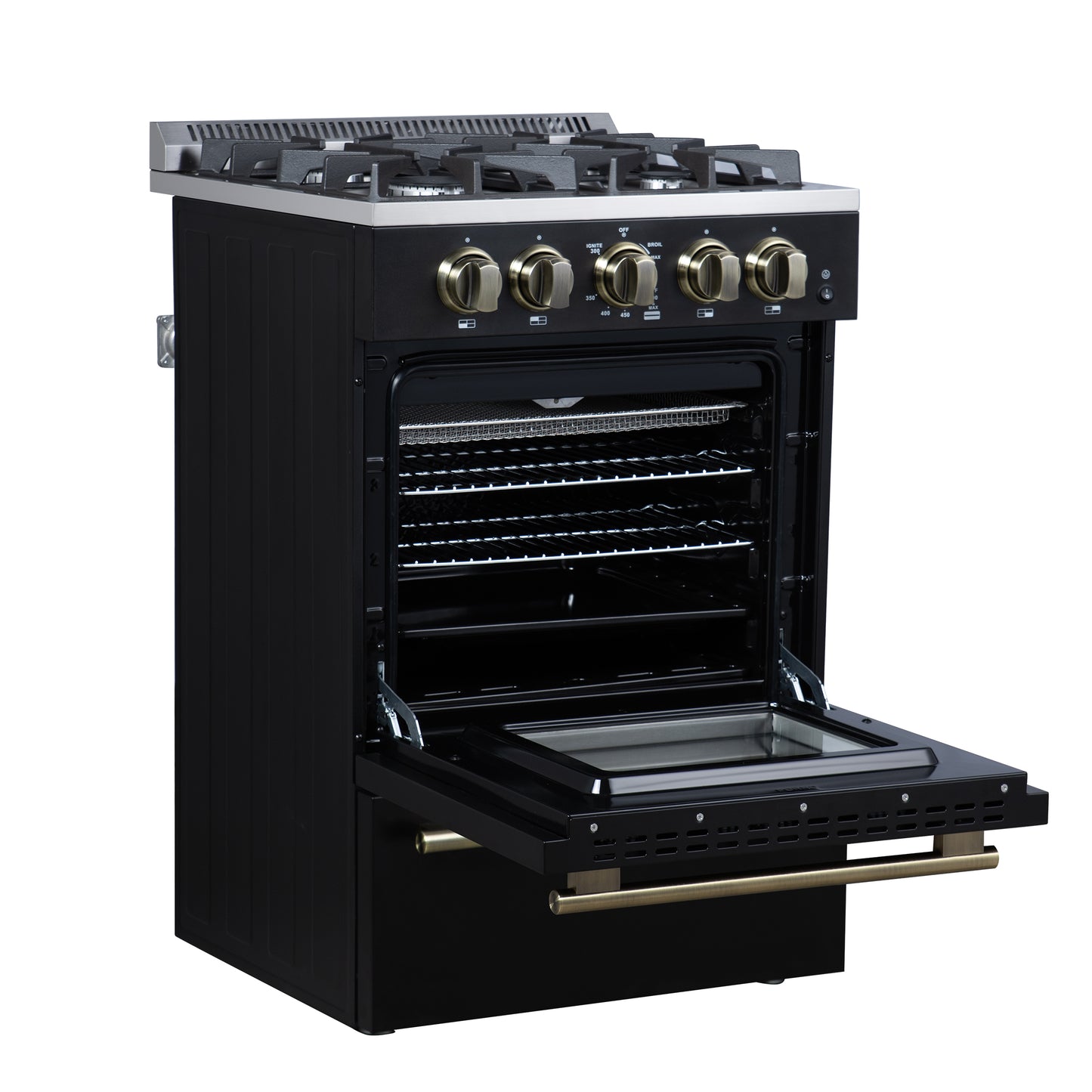 Forno Breno 24 Inch Freestanding Gas Range in Black with Antique Brass, Compact Design