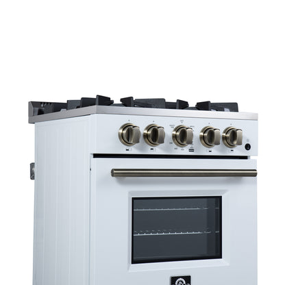 Forno Breno 24 Inch Freestanding Gas Range in White with Antique Brass, Compact Design