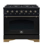 Forno Antico 36-Inch Freestanding Gas Range, Black, Antique Brass Design, 6 Burners, Convection Oven, Energy Efficient
