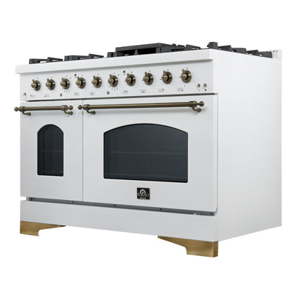 Forno Antico 48-Inch Freestanding Gas Range, White, Antique Brass Design, 8 Burners, Griddle, Double Ovens, Energy Efficient