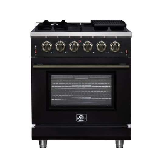 Forno Massimo 30-Inch Black Freestanding Gas Range, 5 Burners, True Convection Oven