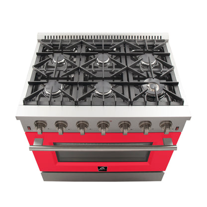 Forno Galiano 36-Inch Freestanding Gas Range, Stainless Steel, 6 Burners, Energy Efficient, Red Door