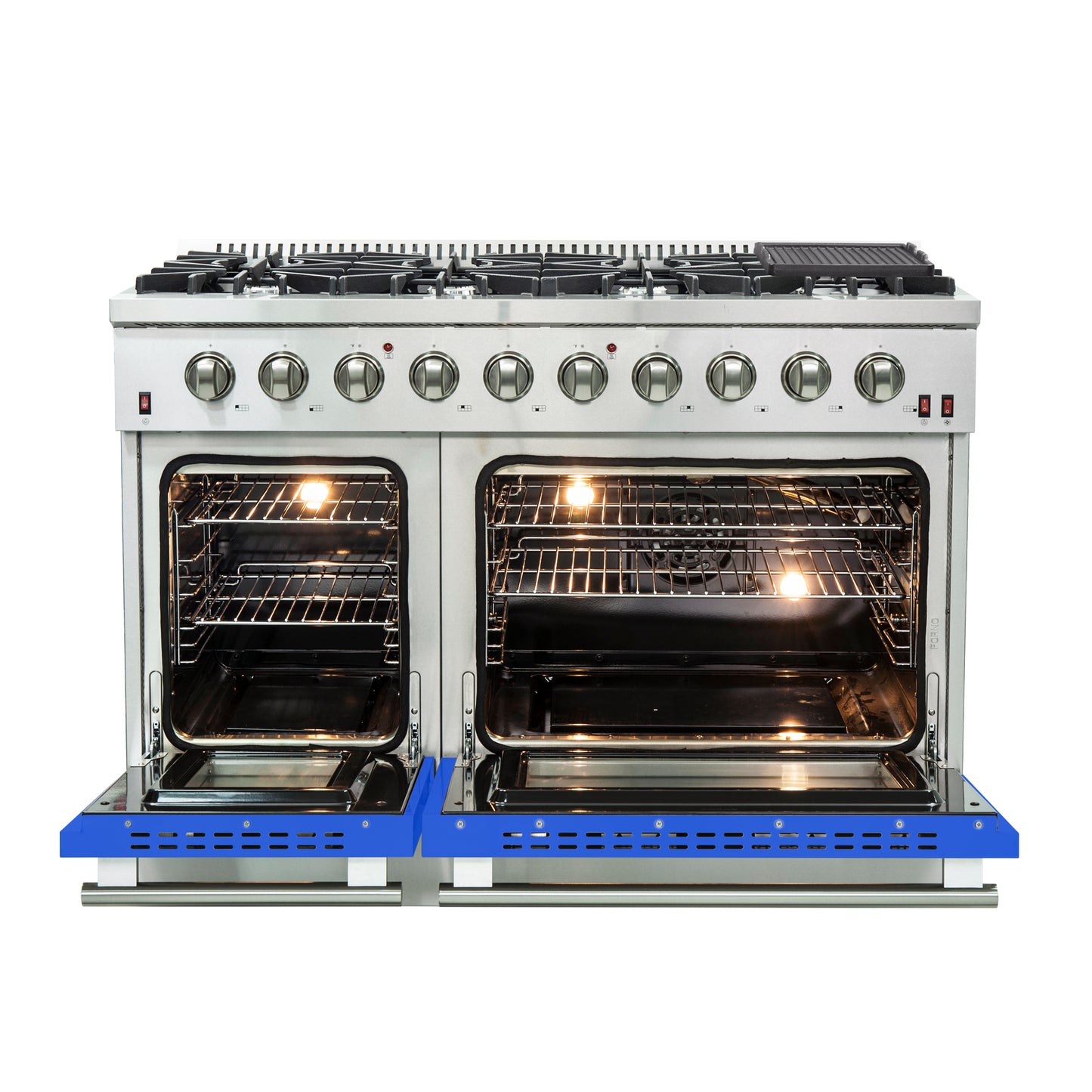 Forno Galiano 48-Inch Freestanding Gas Range, Stainless Steel, 8 Burners, 107,000 BTU, Griddle, Double Ovens, Energy Efficient, Blue Doors