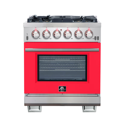 Forno Capriasca 30-Inch Freestanding Gas Range, 4 Burners, True Convection Oven, Red Door