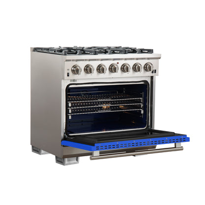 Forno Capriasca 36-Inch Gas Range, Stainless Steel, 6 Brass Burners, 120,000 BTU, Convection Oven, Energy Efficient, Blue Door