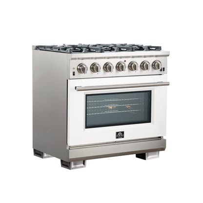 Forno Capriasca 36-Inch Gas Range, Stainless Steel, 6 Brass Burners, 120,000 BTU, Convection Oven, Energy Efficient, White Door