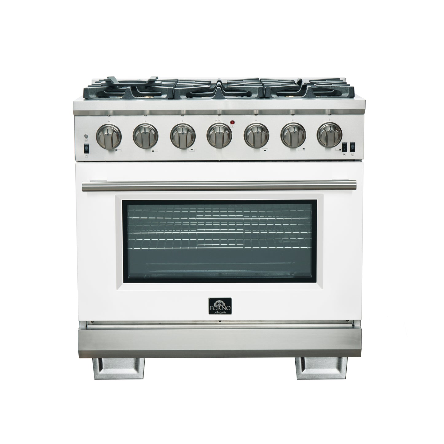 Forno Capriasca 36-Inch Gas Range, Stainless Steel, 6 Brass Burners, 120,000 BTU, Convection Oven, Energy Efficient, White Door