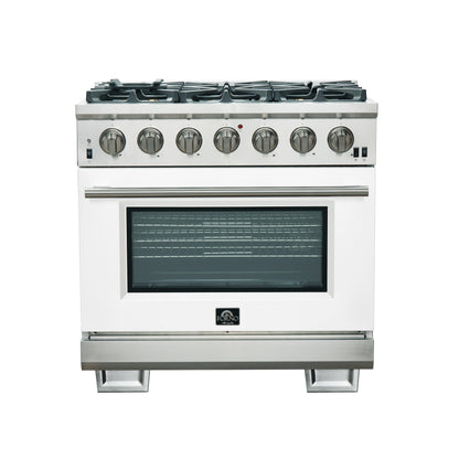 Forno Capriasca 36-Inch Gas Range, Stainless Steel, 6 Brass Burners, 120,000 BTU, Convection Oven, Energy Efficient, White Door