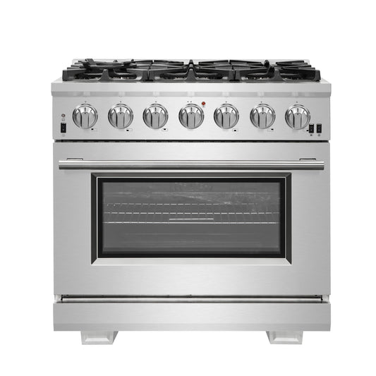 Forno Capriasca 36-Inch Gas Range, Stainless Steel, 6 Brass Burners, 120,000 BTU, Convection Oven, Energy Efficient