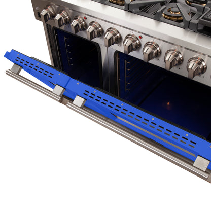 FORNO Capriasca 48-inch Gas Range Stainless Steel, 8 Brass Burners 160,000 BTU, 6.58 cu.ft. Double Oven, Blue Doors