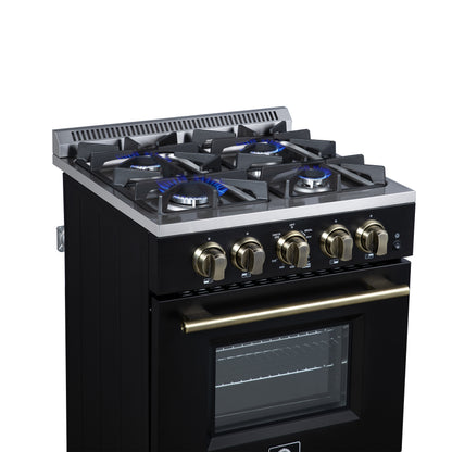 Forno Breno 24 Inch Freestanding Gas Range in Black with Antique Brass, Plug Included, Energy Efficient
