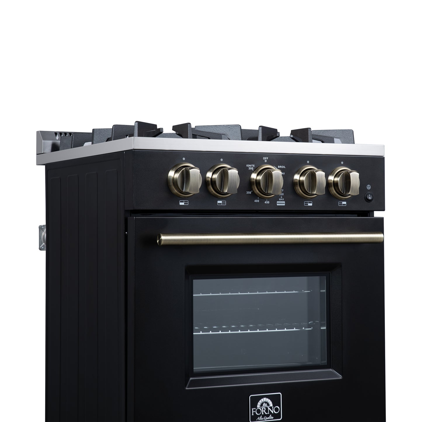 Forno Breno 24 Inch Freestanding Gas Range in Black with Antique Brass, Plug Included, Energy Efficient